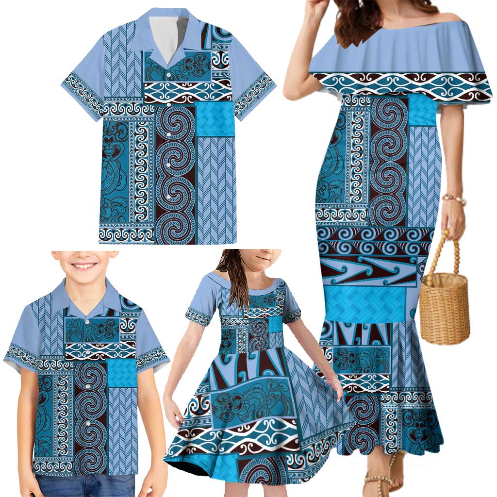 Blue Aotearoa Kowhaiwhai Pattern Family Matching Mermaid Dress and Hawaiian Shirt NZ Maori Quilt Style