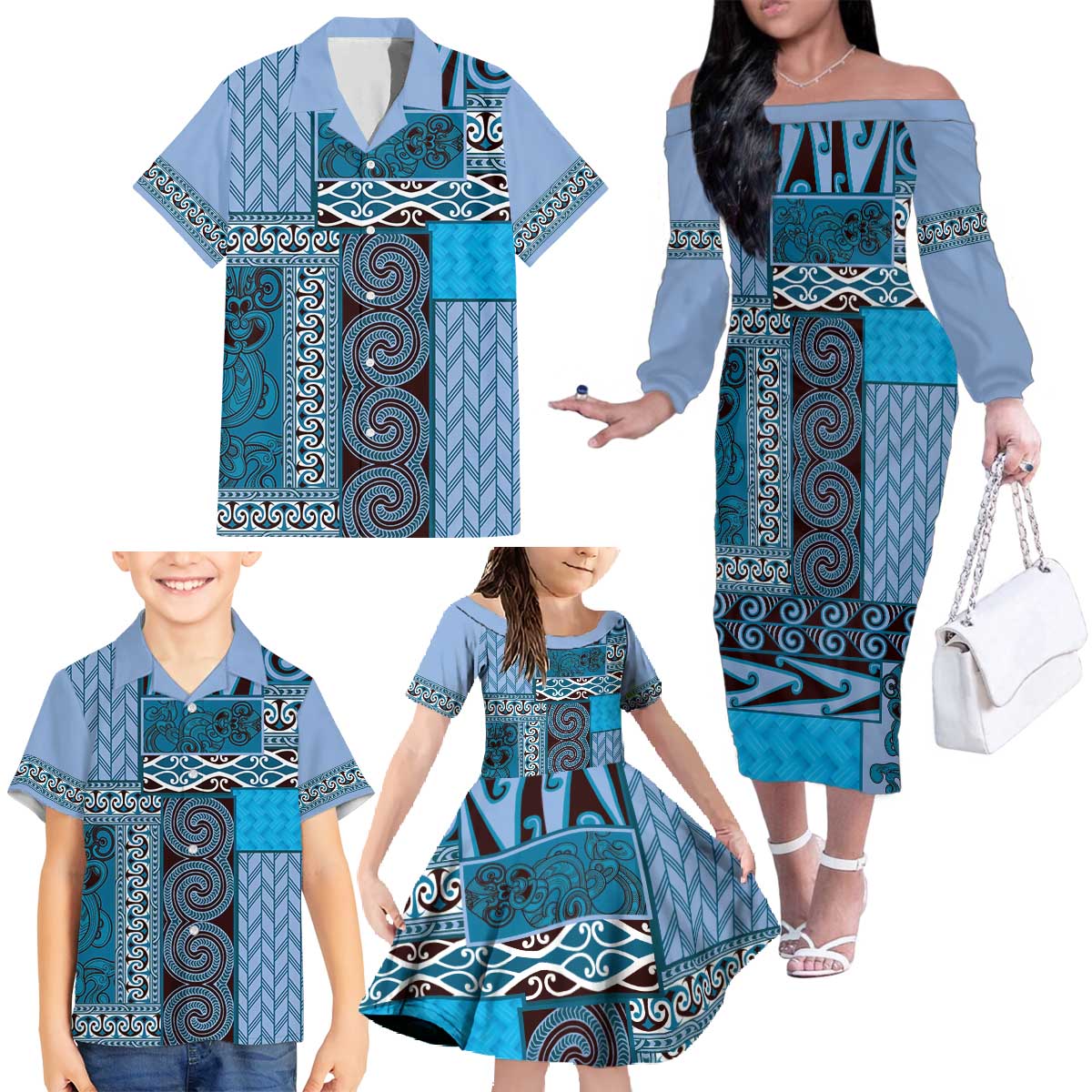 Blue Aotearoa Kowhaiwhai Pattern Family Matching Off The Shoulder Long Sleeve Dress and Hawaiian Shirt NZ Maori Quilt Style