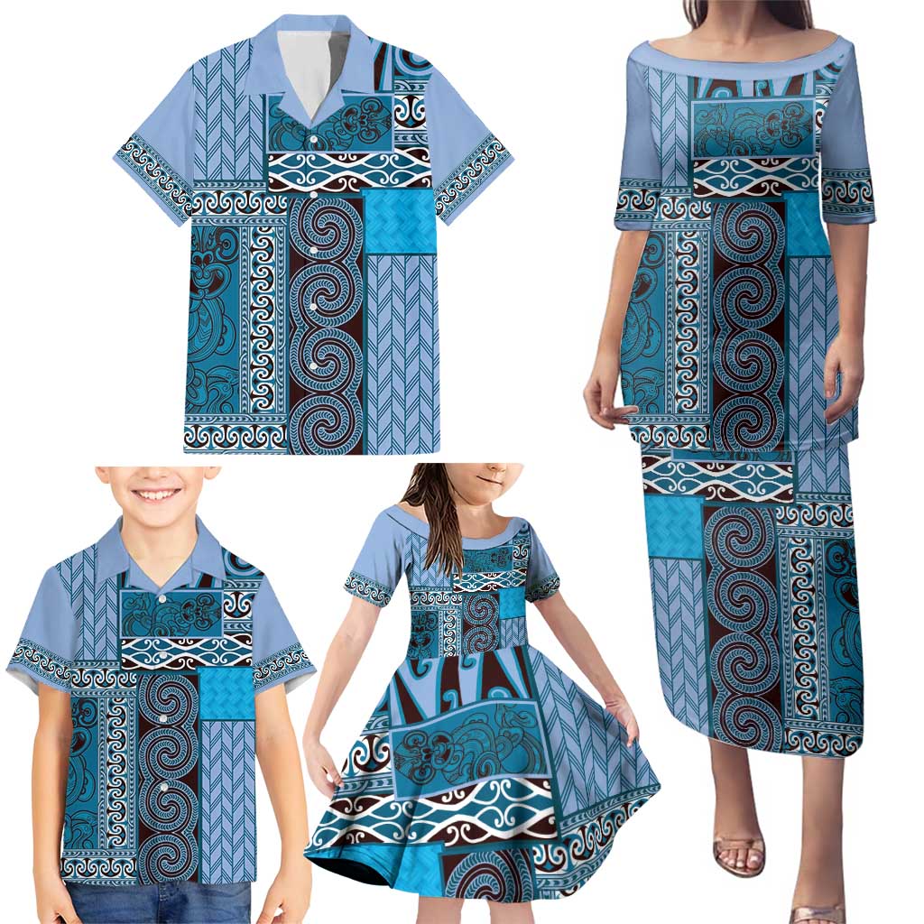 Blue Aotearoa Kowhaiwhai Pattern Family Matching Puletasi and Hawaiian Shirt NZ Maori Quilt Style