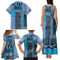 Blue Aotearoa Kowhaiwhai Pattern Family Matching Tank Maxi Dress and Hawaiian Shirt NZ Maori Quilt Style