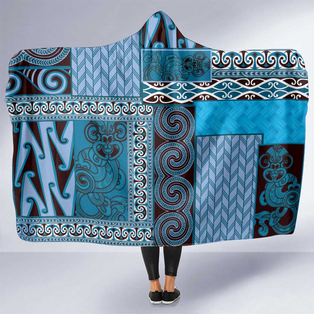 Blue Aotearoa Kowhaiwhai Pattern Hooded Blanket NZ Maori Quilt Style