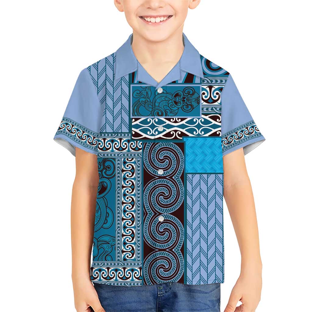 Blue Aotearoa Kowhaiwhai Pattern Kid Hawaiian Shirt NZ Maori Quilt Style