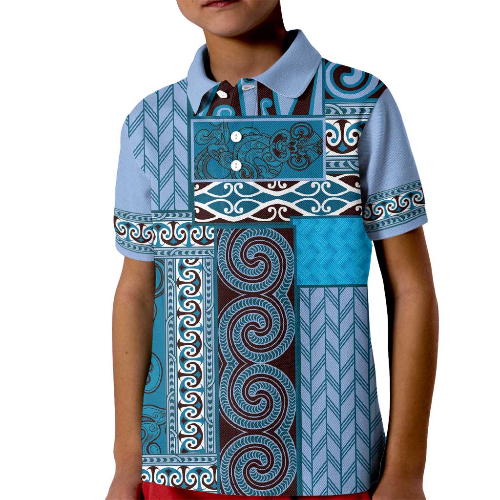 Blue Aotearoa Kowhaiwhai Pattern Kid Polo Shirt NZ Maori Quilt Style LT14 Kid Blue - Polynesian Pride