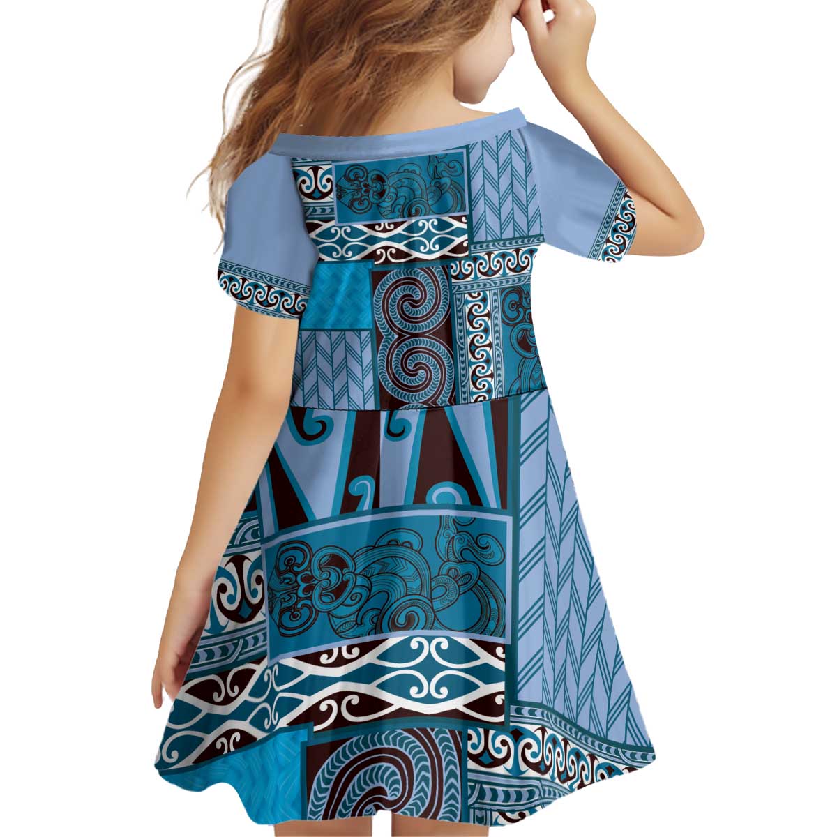 Blue Aotearoa Kowhaiwhai Pattern Kid Short Sleeve Dress NZ Maori Quilt Style