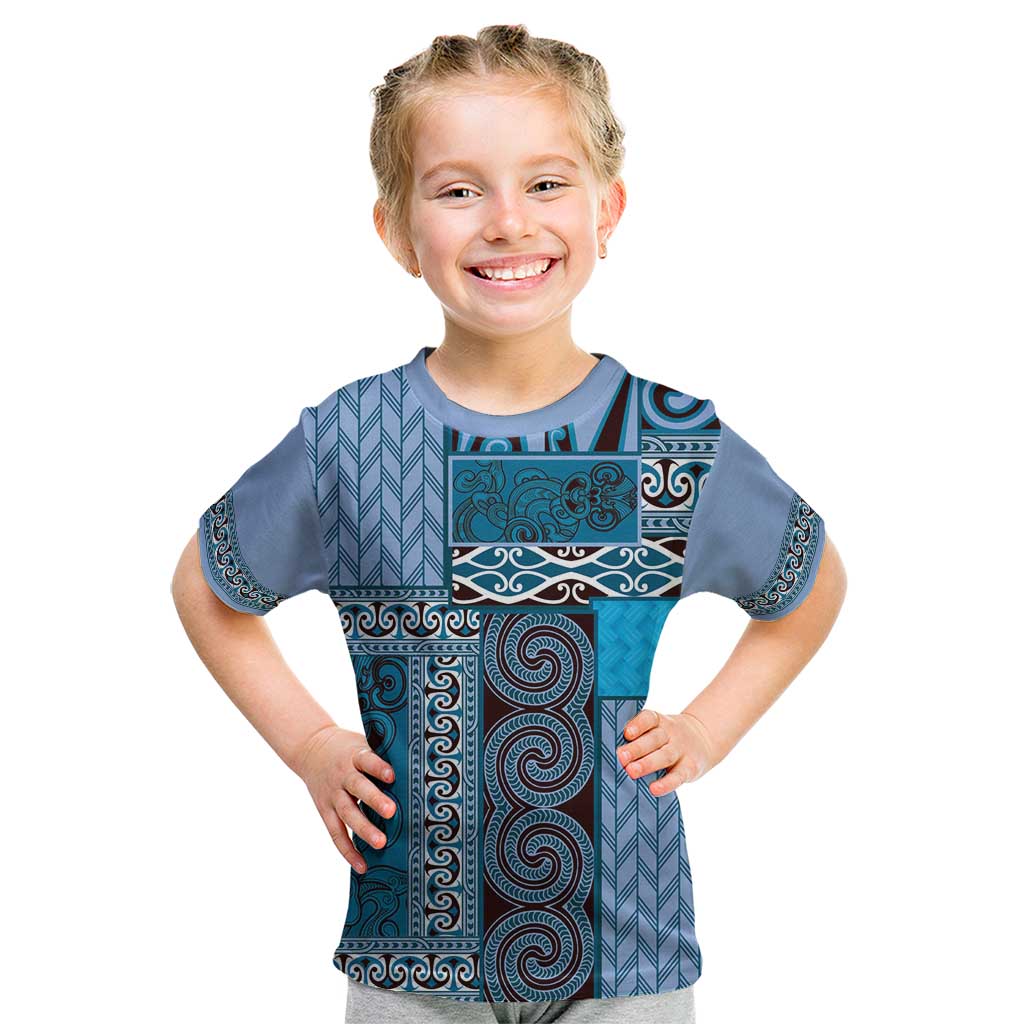 Blue Aotearoa Kowhaiwhai Pattern Kid T Shirt NZ Maori Quilt Style LT14 Blue - Polynesian Pride