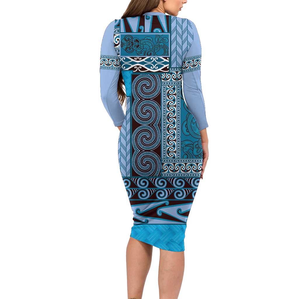 Blue Aotearoa Kowhaiwhai Pattern Long Sleeve Bodycon Dress NZ Maori Quilt Style