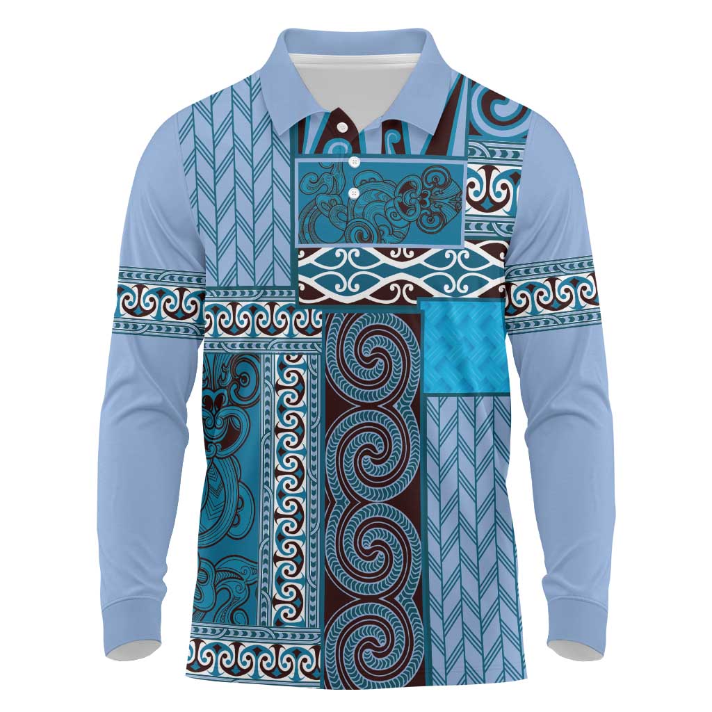 Blue Aotearoa Kowhaiwhai Pattern Long Sleeve Polo Shirt NZ Maori Quilt Style