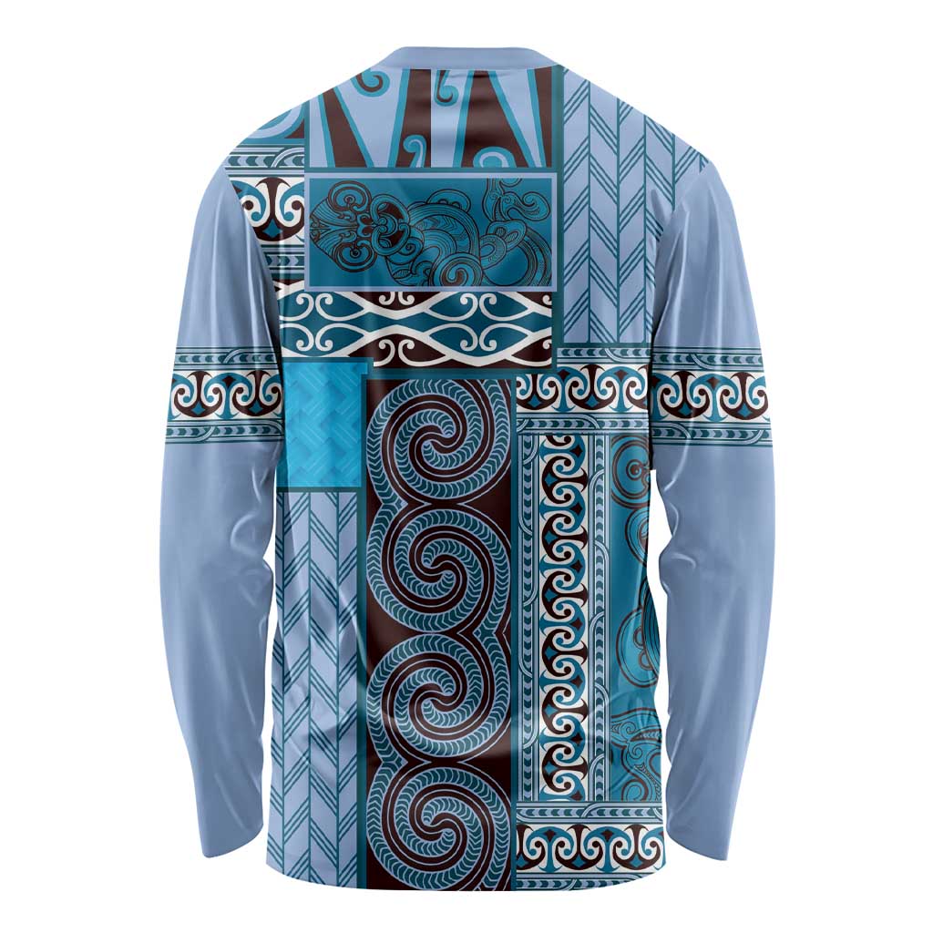 Blue Aotearoa Kowhaiwhai Pattern Long Sleeve Shirt NZ Maori Quilt Style