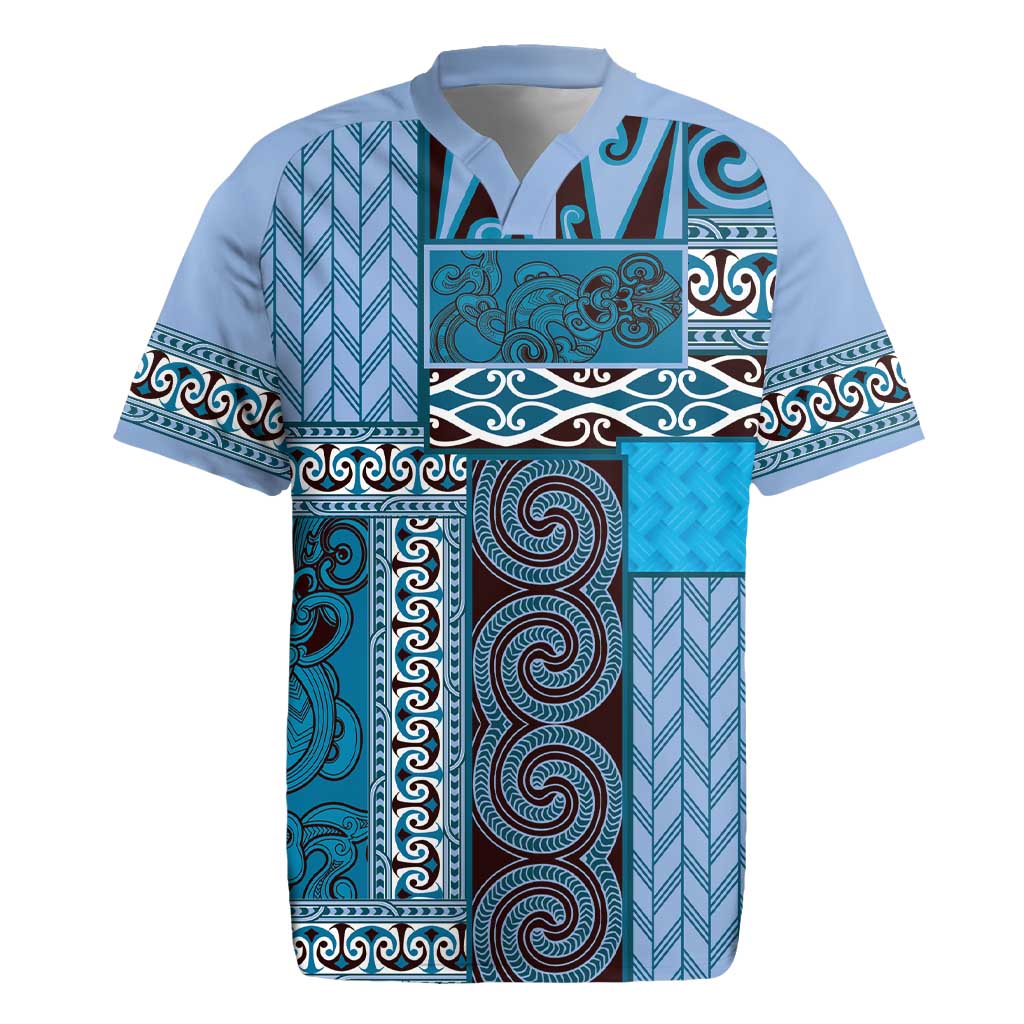 Blue Aotearoa Kowhaiwhai Pattern Rugby Jersey NZ Maori Quilt Style