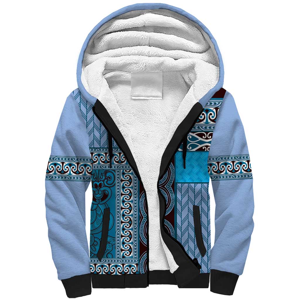 Blue Aotearoa Kowhaiwhai Pattern Sherpa Hoodie NZ Maori Quilt Style