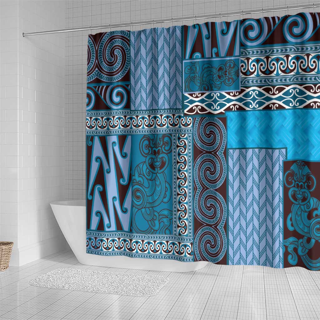 Blue Aotearoa Kowhaiwhai Pattern Shower Curtain NZ Maori Quilt Style