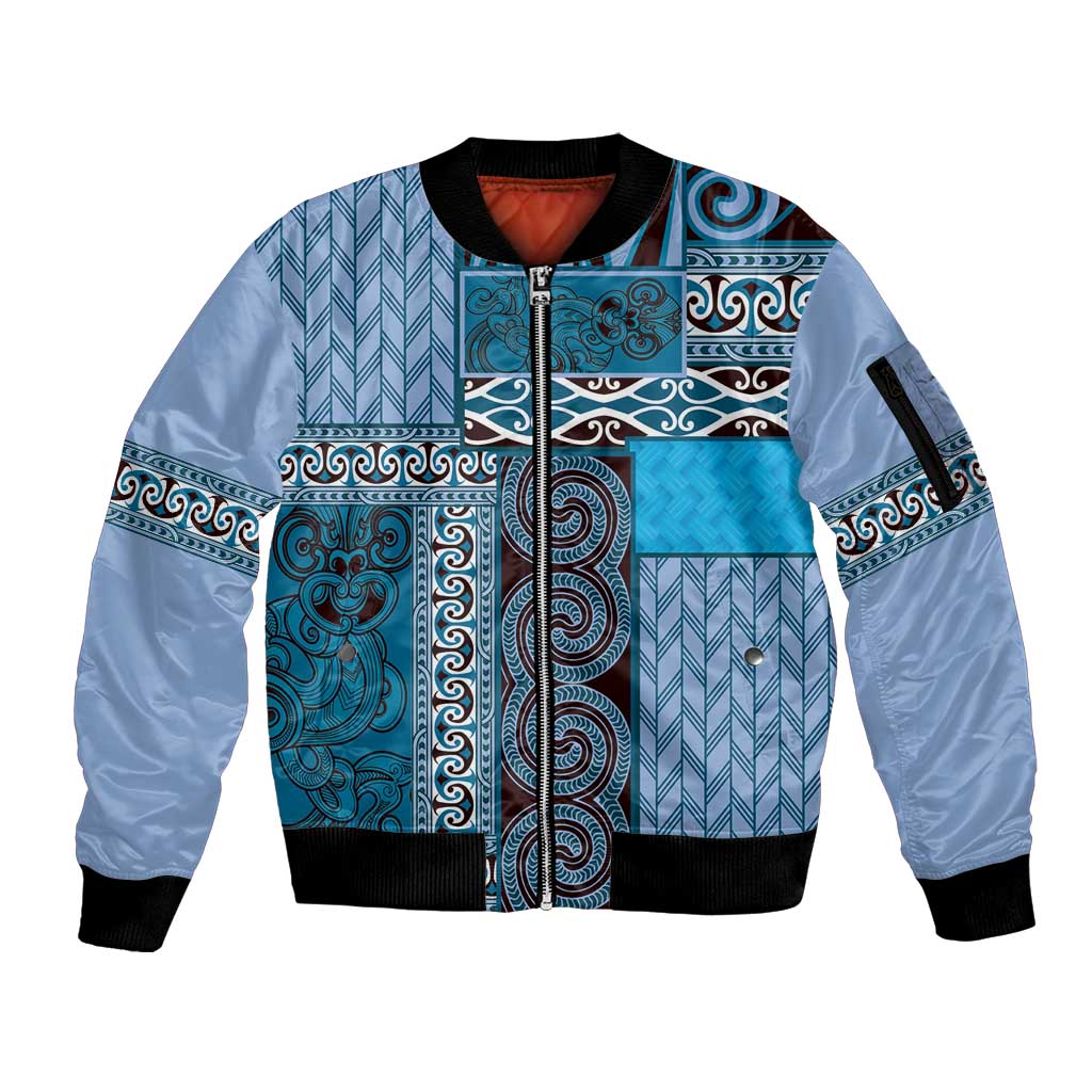 Blue Aotearoa Kowhaiwhai Pattern Sleeve Zip Bomber Jacket NZ Maori Quilt Style