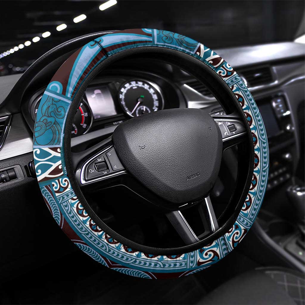 Blue Aotearoa Kowhaiwhai Pattern Steering Wheel Cover NZ Maori Quilt Style