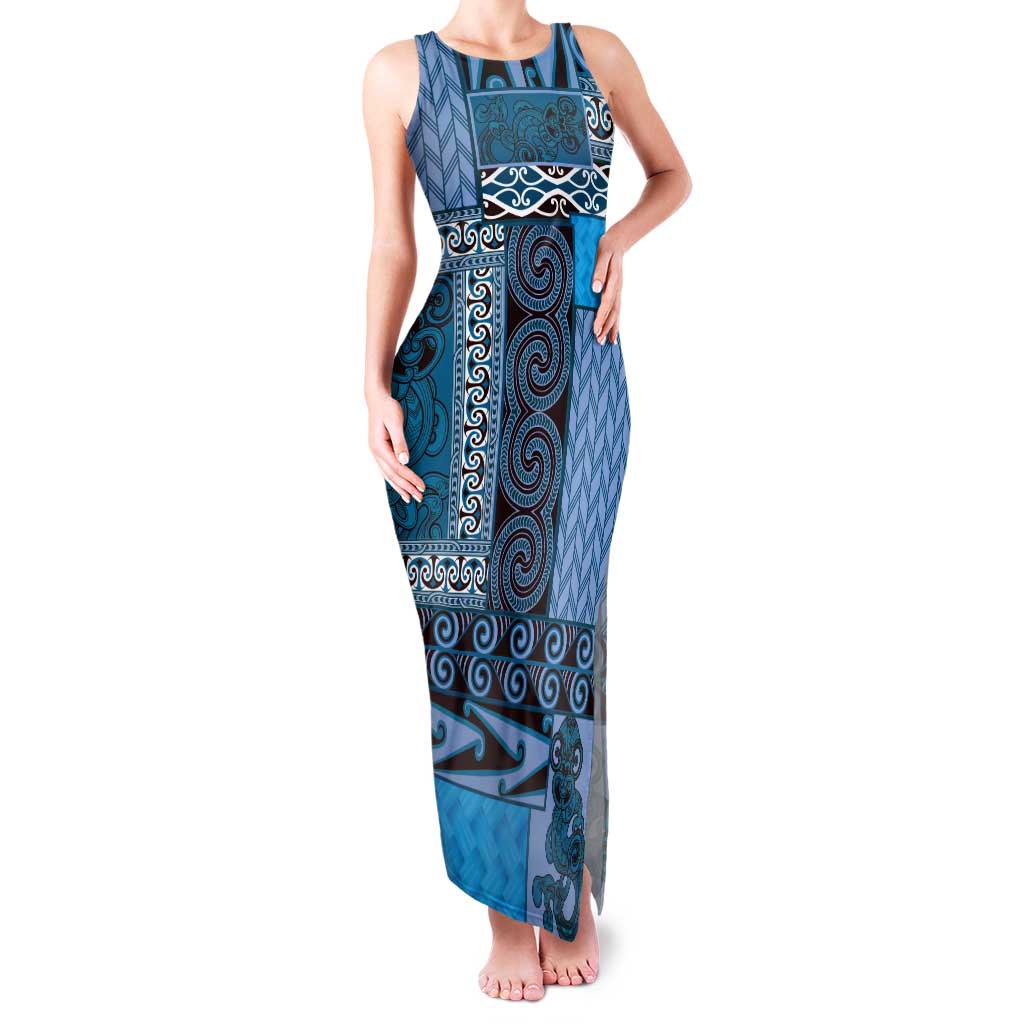 Blue Aotearoa Kowhaiwhai Pattern Tank Maxi Dress NZ Maori Quilt Style