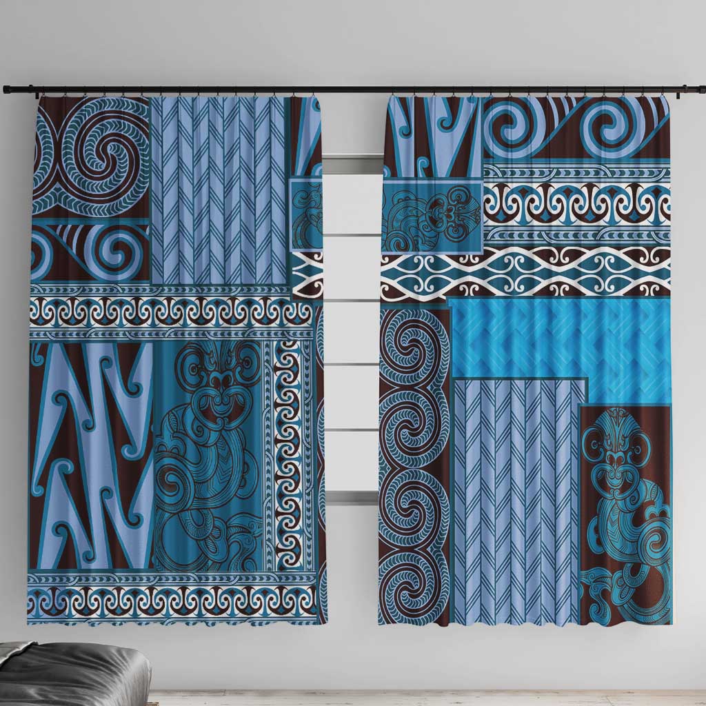 Blue Aotearoa Kowhaiwhai Pattern Window Curtain NZ Maori Quilt Style