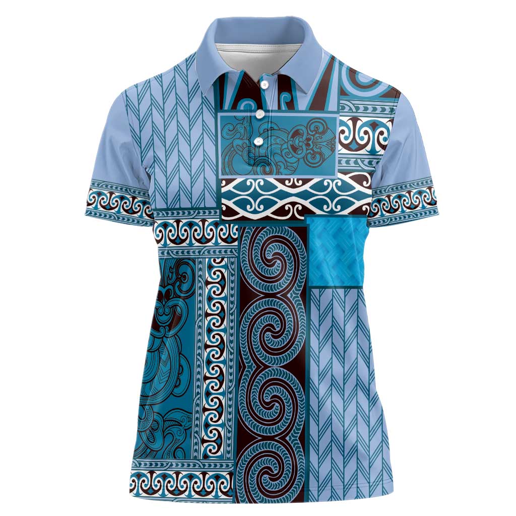 Blue Aotearoa Kowhaiwhai Pattern Women Polo Shirt NZ Maori Quilt Style