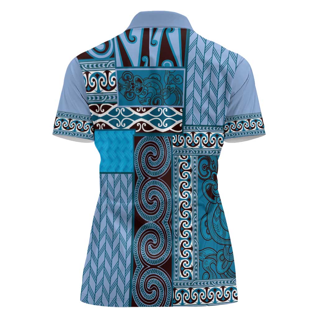 Blue Aotearoa Kowhaiwhai Pattern Women Polo Shirt NZ Maori Quilt Style
