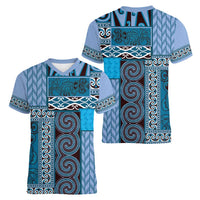 Blue Aotearoa Kowhaiwhai Pattern Women V-Neck T-Shirt NZ Maori Quilt Style