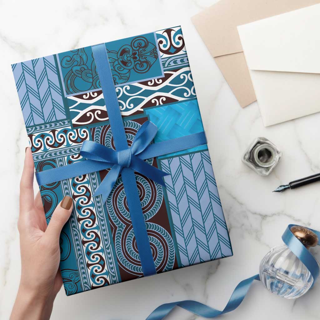 Blue Aotearoa Kowhaiwhai Pattern Wrapping Paper NZ Maori Quilt Style - Polynesian Pride