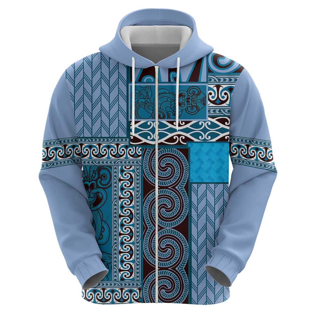 Blue Aotearoa Kowhaiwhai Pattern Zip Hoodie NZ Maori Quilt Style LT14 - Polynesian Pride
