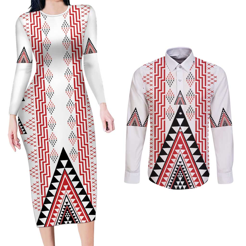 Aotearoa Taniko Couples Matching Long Sleeve Bodycon Dress and Long Sleeve Button Shirt Niho Taniwha Purapura Whetu Mix Poutama LT14 White - Polynesian Pride