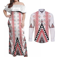 Aotearoa Taniko Couples Matching Off Shoulder Maxi Dress and Long Sleeve Button Shirt Niho Taniwha Purapura Whetu Mix Poutama LT14 White - Polynesian Pride