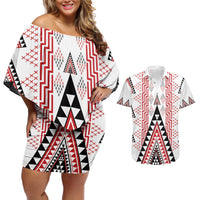Aotearoa Taniko Couples Matching Off Shoulder Short Dress and Hawaiian Shirt Niho Taniwha Purapura Whetu Mix Poutama LT14 White - Polynesian Pride