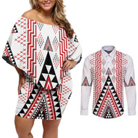 Aotearoa Taniko Couples Matching Off Shoulder Short Dress and Long Sleeve Button Shirt Niho Taniwha Purapura Whetu Mix Poutama LT14 White - Polynesian Pride