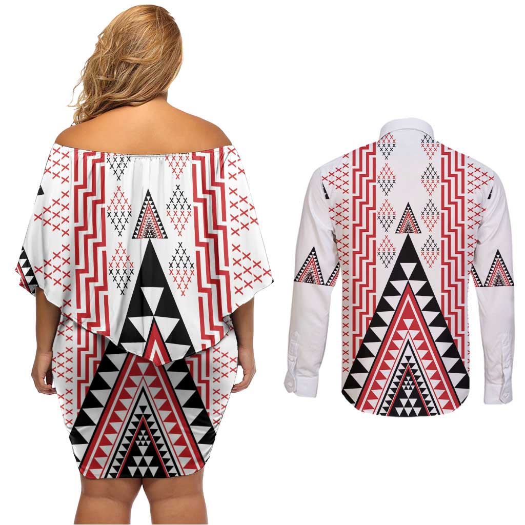 Aotearoa Taniko Couples Matching Off Shoulder Short Dress and Long Sleeve Button Shirt Niho Taniwha Purapura Whetu Mix Poutama LT14 - Polynesian Pride