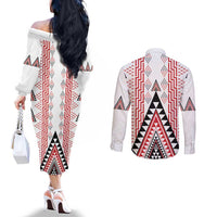 Aotearoa Taniko Couples Matching Off The Shoulder Long Sleeve Dress and Long Sleeve Button Shirt Niho Taniwha Purapura Whetu Mix Poutama LT14 - Polynesian Pride
