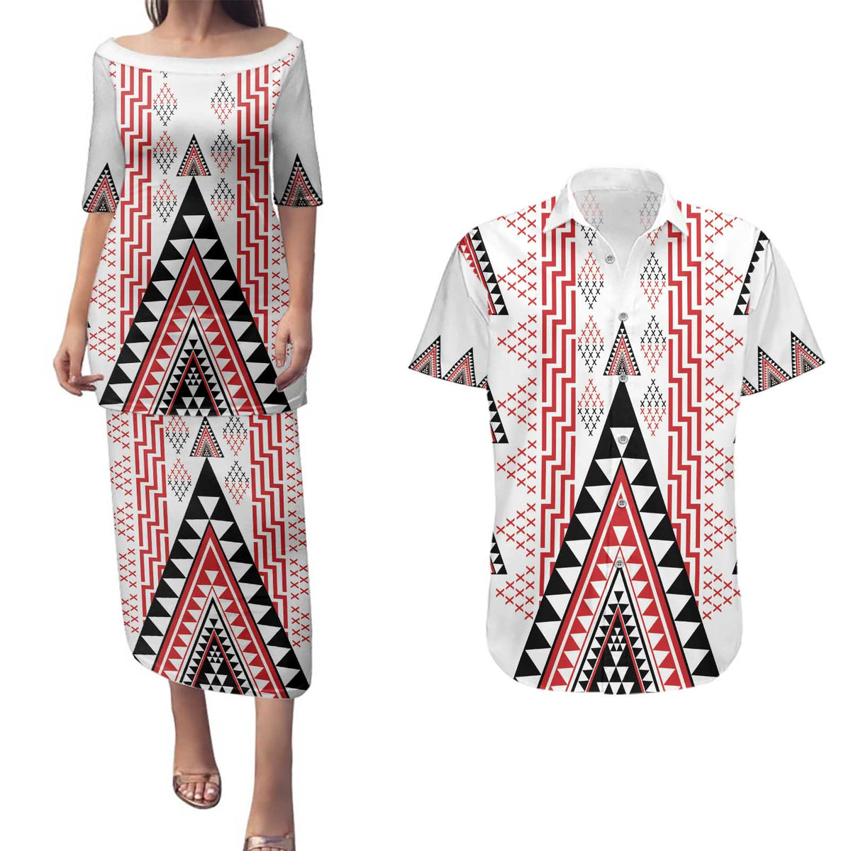 Aotearoa Taniko Couples Matching Puletasi and Hawaiian Shirt Niho Taniwha Purapura Whetu Mix Poutama LT14 White - Polynesian Pride