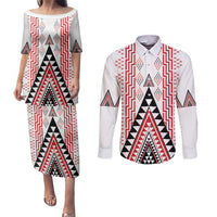 Aotearoa Taniko Couples Matching Puletasi and Long Sleeve Button Shirt Niho Taniwha Purapura Whetu Mix Poutama LT14 White - Polynesian Pride