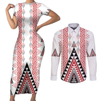 Aotearoa Taniko Couples Matching Short Sleeve Bodycon Dress and Long Sleeve Button Shirt Niho Taniwha Purapura Whetu Mix Poutama LT14 White - Polynesian Pride