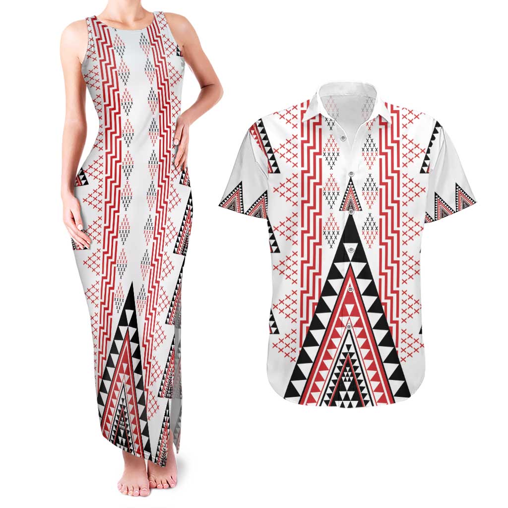Aotearoa Taniko Couples Matching Tank Maxi Dress and Hawaiian Shirt Niho Taniwha Purapura Whetu Mix Poutama LT14 White - Polynesian Pride