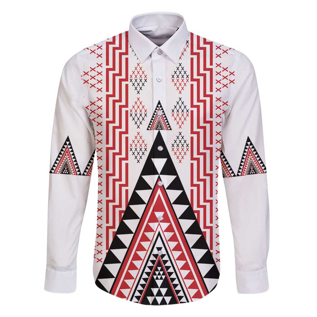Aotearoa Taniko Family Matching Mermaid Dress and Hawaiian Shirt Niho Taniwha Purapura Whetu Mix Poutama LT14 Dad's Shirt - Long Sleeve White - Polynesian Pride