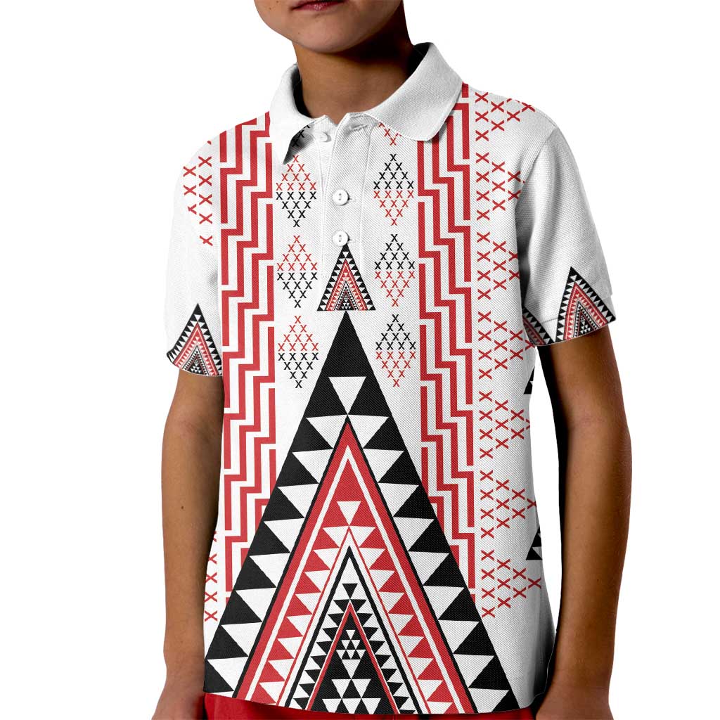Aotearoa Taniko Kid Polo Shirt Niho Taniwha Purapura Whetu Mix Poutama LT14 Kid White - Polynesian Pride