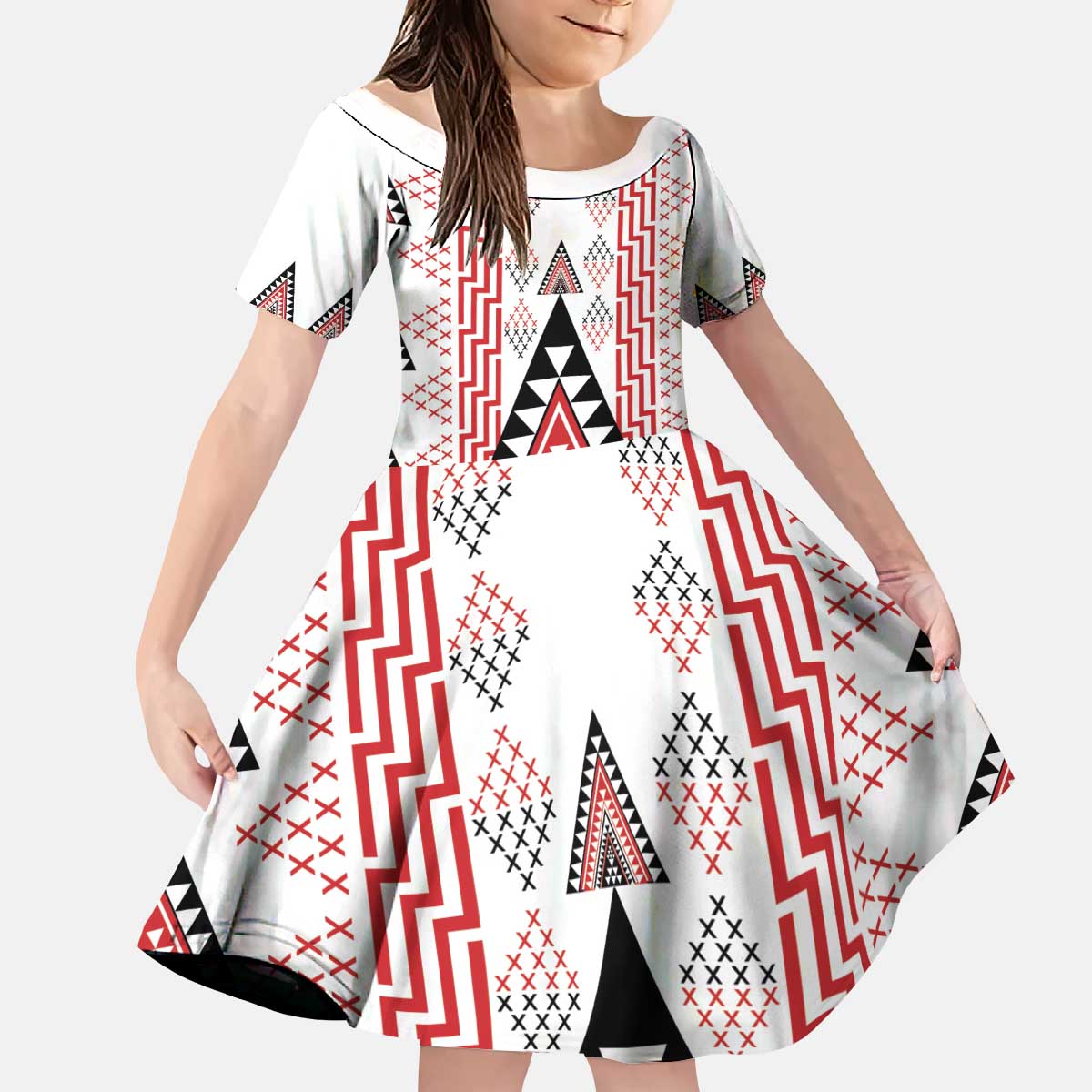 Aotearoa Taniko Kid Short Sleeve Dress Niho Taniwha Purapura Whetu Mix Poutama