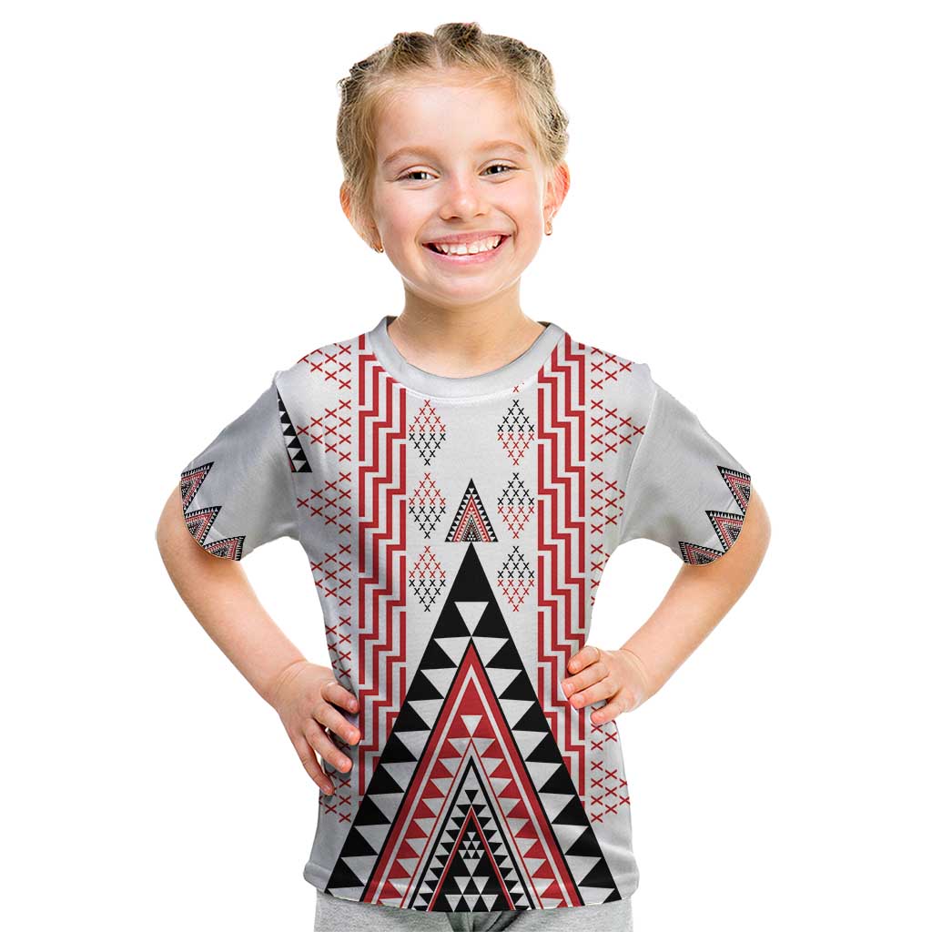 Aotearoa Taniko Kid T Shirt Niho Taniwha Purapura Whetu Mix Poutama LT14 White - Polynesian Pride