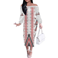 Aotearoa Taniko Off The Shoulder Long Sleeve Dress Niho Taniwha Purapura Whetu Mix Poutama