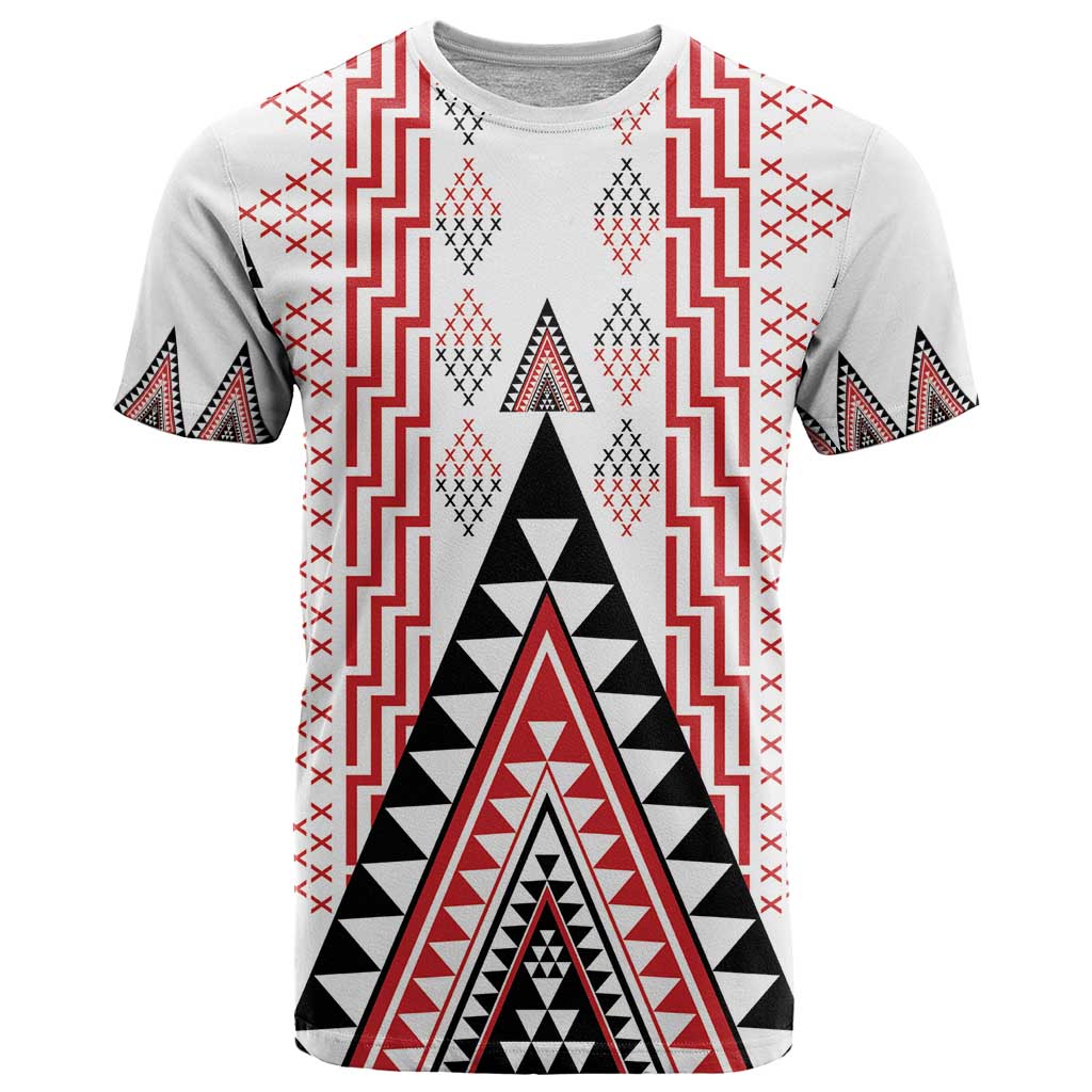 Aotearoa Taniko T Shirt Niho Taniwha Purapura Whetu Mix Poutama LT14 White - Polynesian Pride