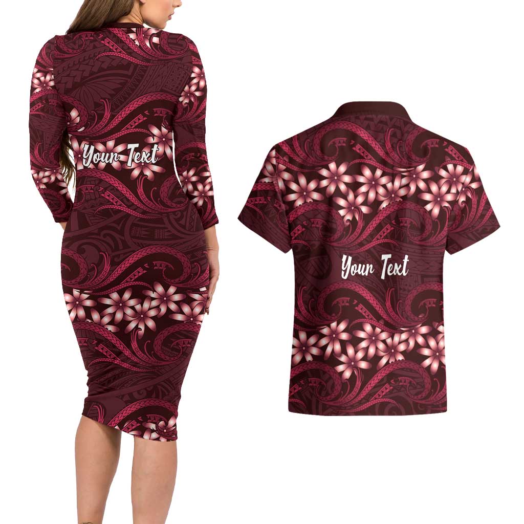 Personalised Cook Islands Mangaia Couples Matching Long Sleeve Bodycon Dress and Hawaiian Shirt Tiare Maori Polynesian Waves Tattoo LT14 - Polynesian Pride