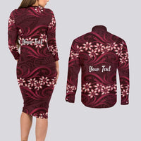 Personalised Cook Islands Mangaia Couples Matching Long Sleeve Bodycon Dress and Long Sleeve Button Shirt Tiare Maori Polynesian Waves Tattoo