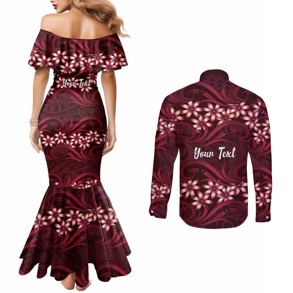 Personalised Cook Islands Mangaia Couples Matching Mermaid Dress and Long Sleeve Button Shirt Tiare Maori Polynesian Waves Tattoo
