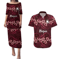Personalised Cook Islands Mangaia Couples Matching Puletasi and Hawaiian Shirt Tiare Maori Polynesian Waves Tattoo LT14 Burgundy - Polynesian Pride
