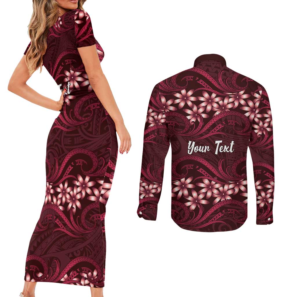 Personalised Cook Islands Mangaia Couples Matching Short Sleeve Bodycon Dress and Long Sleeve Button Shirt Tiare Maori Polynesian Waves Tattoo