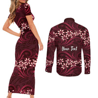 Personalised Cook Islands Mangaia Couples Matching Short Sleeve Bodycon Dress and Long Sleeve Button Shirt Tiare Maori Polynesian Waves Tattoo