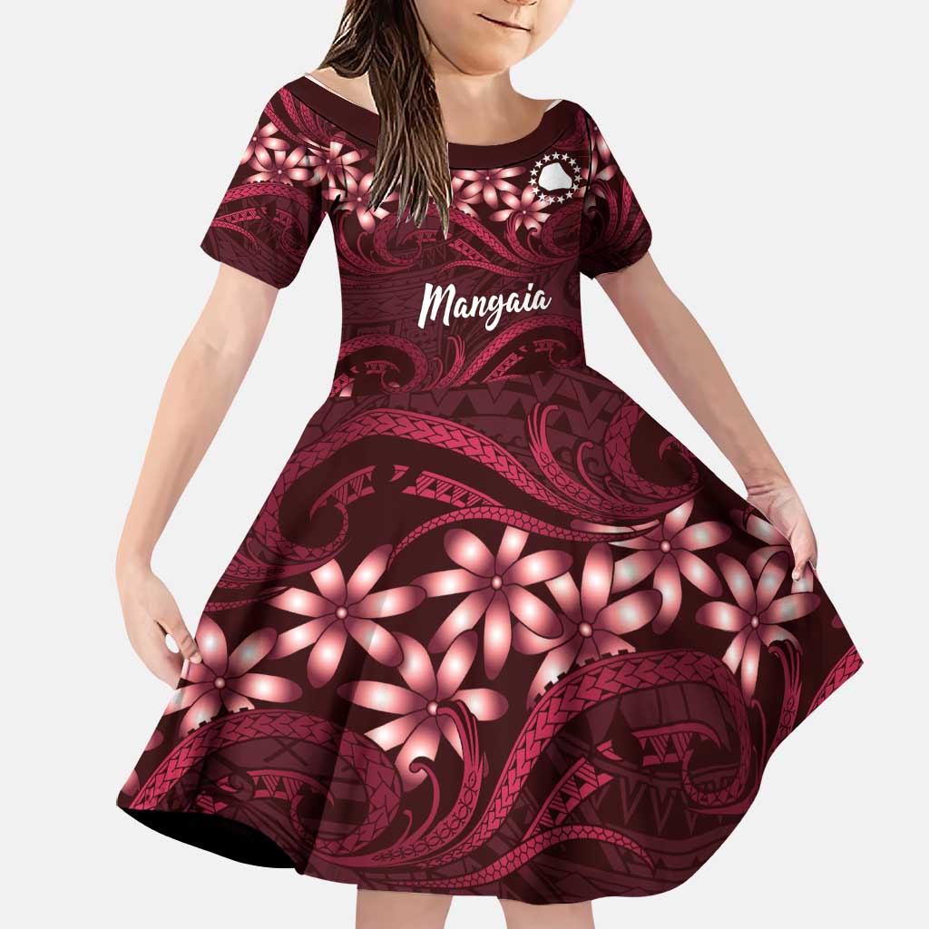 Personalised Cook Islands Mangaia Family Matching Off The Shoulder Long Sleeve Dress and Hawaiian Shirt Tiare Maori Polynesian Waves Tattoo LT14 Daughter's Dress Burgundy - Polynesian Pride