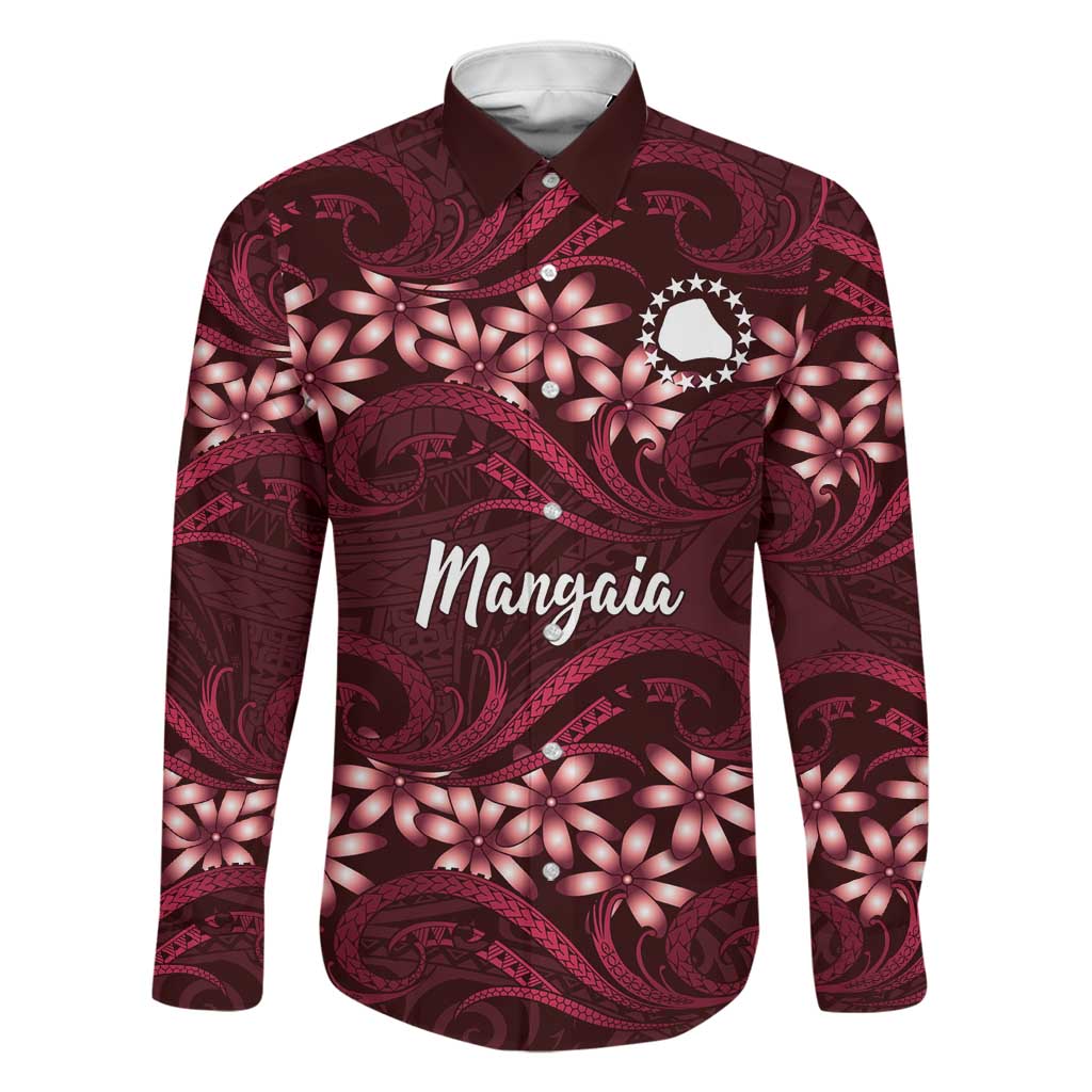 Personalised Cook Islands Mangaia Family Matching Off The Shoulder Long Sleeve Dress and Hawaiian Shirt Tiare Maori Polynesian Waves Tattoo LT14 Dad's Shirt - Long Sleeve Burgundy - Polynesian Pride
