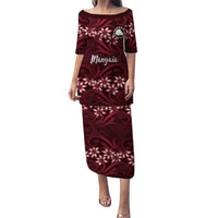 Personalised Cook Islands Mangaia Family Matching Puletasi and Hawaiian Shirt Tiare Maori Polynesian Waves Tattoo LT14 Mom's Dress Burgundy - Polynesian Pride