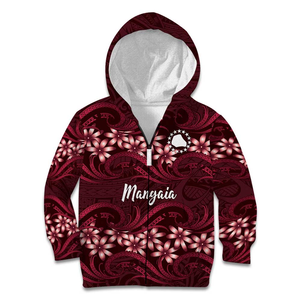 Personalised Cook Islands Mangaia Kid Hoodie Tiare Maori Polynesian Waves Tattoo LT14 Zip Hoodie Burgundy - Polynesian Pride